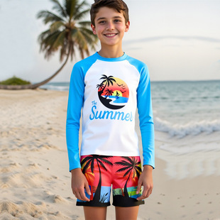 Children's Swimwear Boys Split Swimwear 2025 New Long Sleeve Shorts Coconut Tree Quick-drying Sunscreen Boys Swimwear