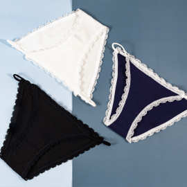 跨境纯棉螺纹性感女士内裤蕾丝细带外贸多色无痕棉档三角裤加大码