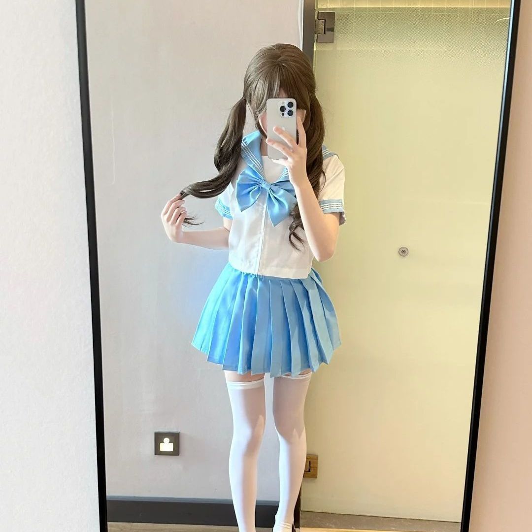 胖MM大码校供感穿搭彩虹战队jk制服浅蓝浅粉JK短裙中间水手服整套