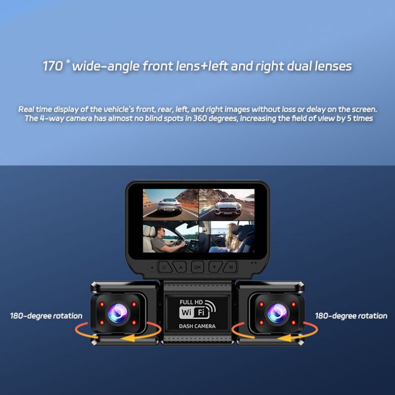 360-degree four-lens dashcam with WiFi mobile phone connectivity, infrared night vision, and loop recording