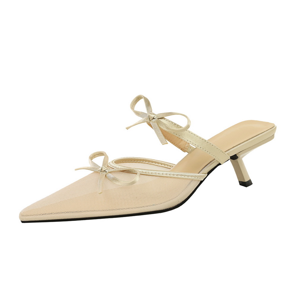 5131-3 Korean version lace half drag slim heeled women's shoes with pointed shallow mouth bow bow, straight strap, middle heel, wearing slippers for women