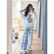 韩版可爱小熊毛绒针织睡衣女冬季加绒加厚半边绒家居服大码套装冬