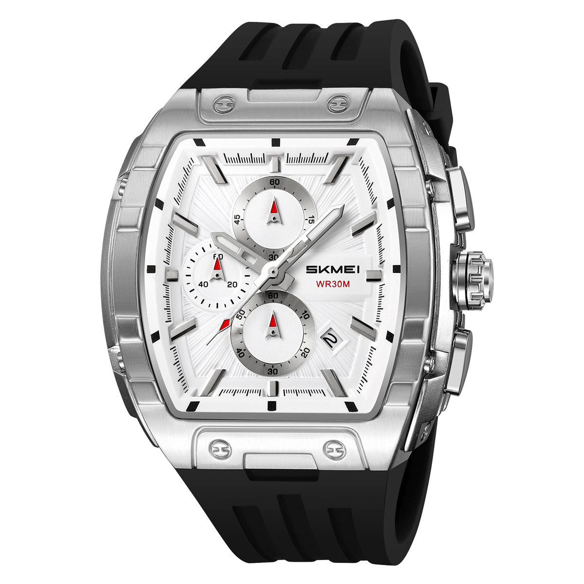 Momento de belleza para hombres transfronterizos resistentes al agua silicona correa deportivo barril multifuncional cronógrafo relojes de cuarzo mayorista