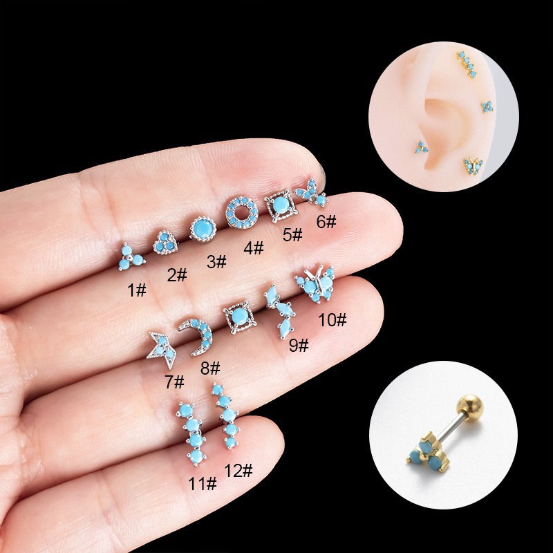 Zircon Inlay Material Ear Studs Classification 1 Piece Copper Zircon Ear Cartilage Rings & Studs Moon Crown Butterfly Waterproof Non Tarnish Surgical Steel Women'S