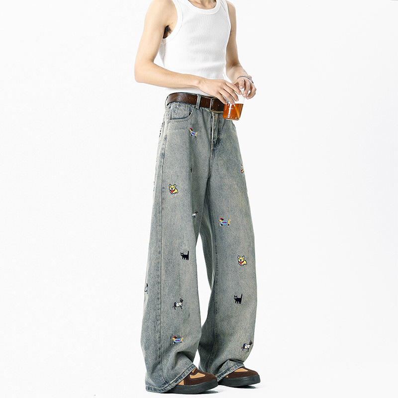 Pantalones Jeans Rectos con Bordado para Hombre de Algodón, Corte Recto, para Uso Diario