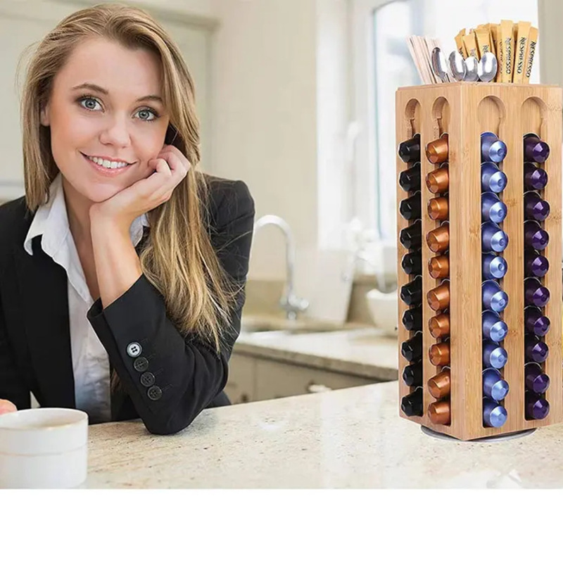Wooden storage rack, simple home desktop rotatable coffee capsule organizer, multi-compartment straw and spoon storage rack Wooden storage rack, simple home desktop rotatable coffee capsule organizer, multi-compartment straw and spoon storage rack