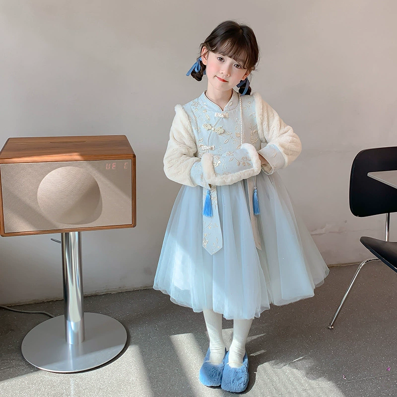 Новое платье ханьфу для девочек осень/зима 2025, китайский стиль, для детей старшего возраста, детский ретро-костюм тан из флиса.