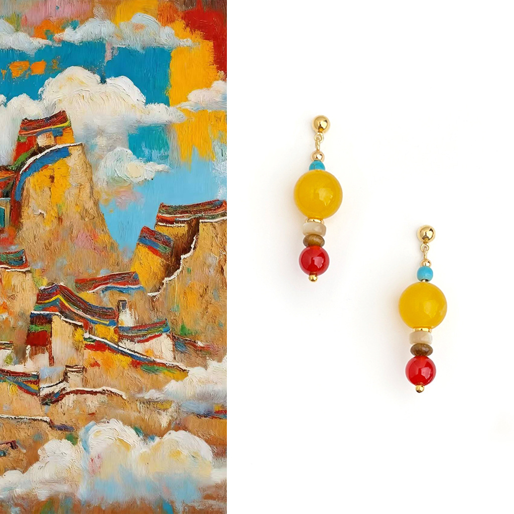 Tribal Flag~Vintage Ethnic Style Red Agate Tiger Eye Beaded Earrings Xizang Niche Artistic High-End Earrings for Women