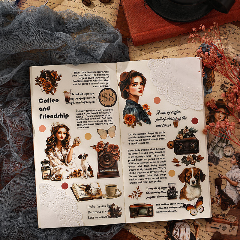 Rastreando los años fugaces, pegatinas de pet transparentes a prueba de agua, pegatinas de diario de bricolaje, pegatinas de chicas europeas retro transfronterizas