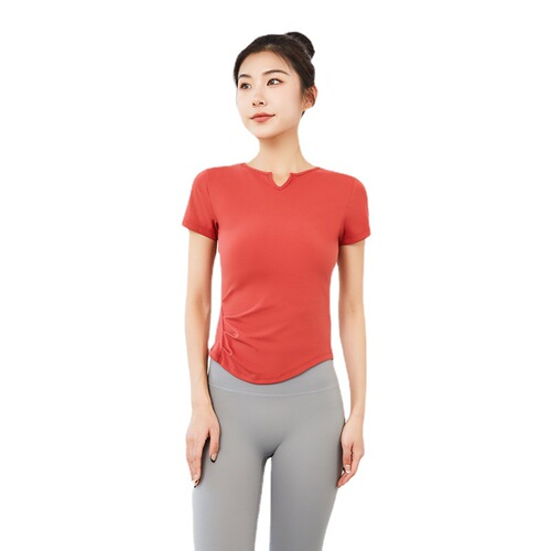 Women's Summer Yoga Clothes Slimming and Body Shaping Short Sleeve Wrinkled Waist-Close T-Shirt Running and Fitness Top