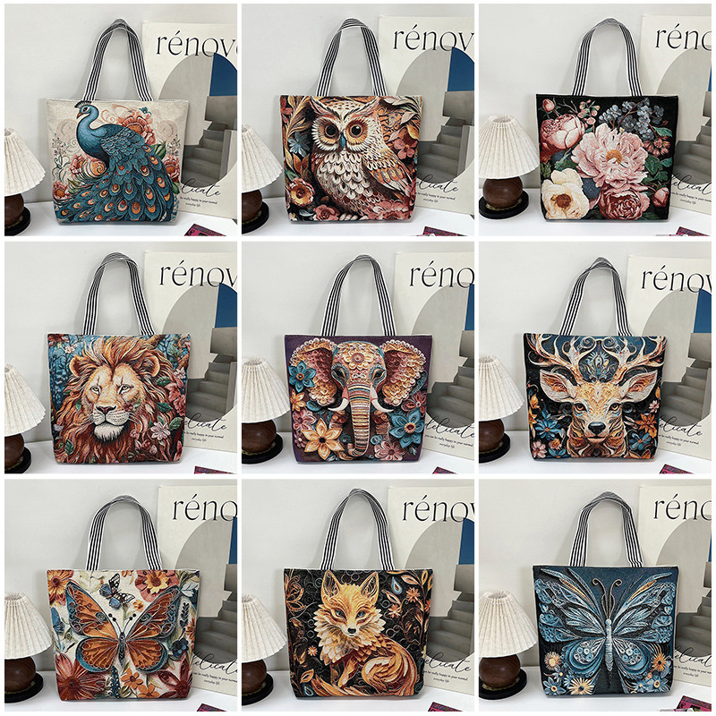Cross-Border New Fashion Gold Thread Embroidery Women's Bag, Single-Sided Animal Print Shoulder Bag, Large Capacity Ethnic Style Commuter Handbag