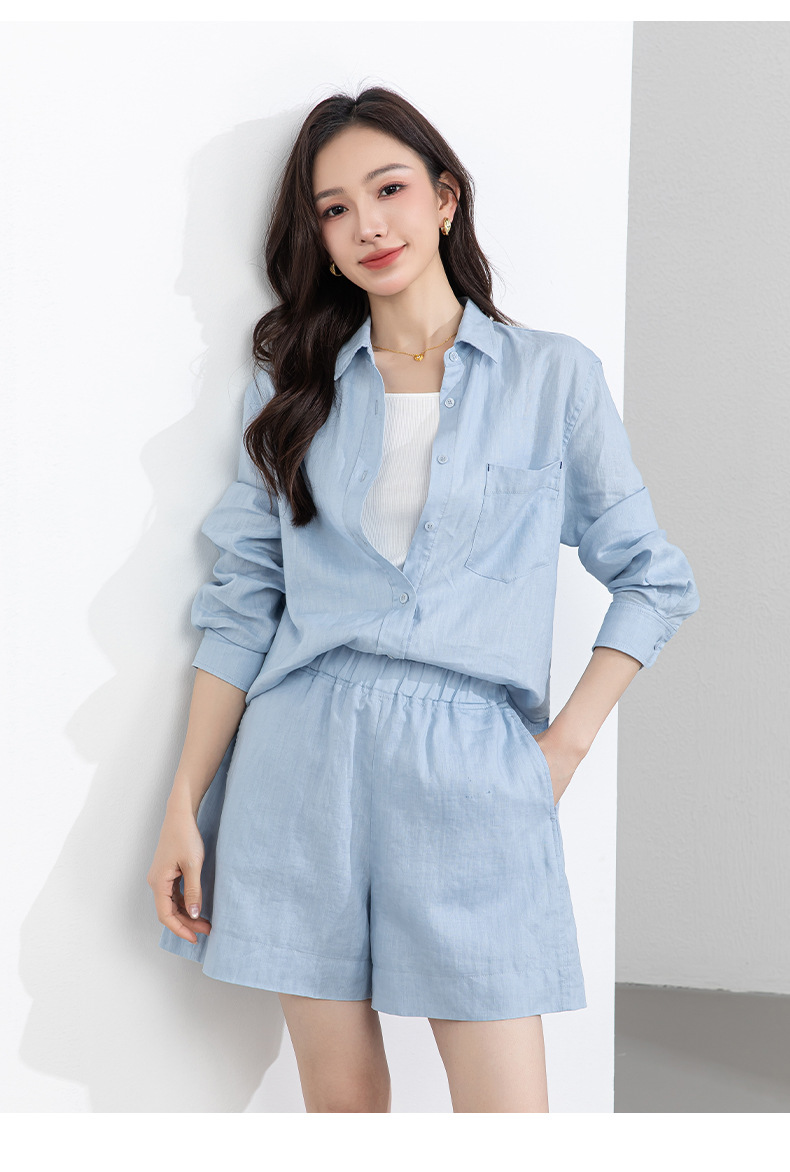 Bộ đồ linen nữ mùa hè áo sơ mi phối quần short dáng rộng — Quần short - 86185 ngày xanh chi tiết 22