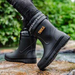 Men's Rain Boots Non-Slip Mid-Tube Fleece-Lined Warm and Wear-Resistant Rain Boots with Cuffs Waterproof Fishing Outdoor Water Shoes Casual and Fashionable
