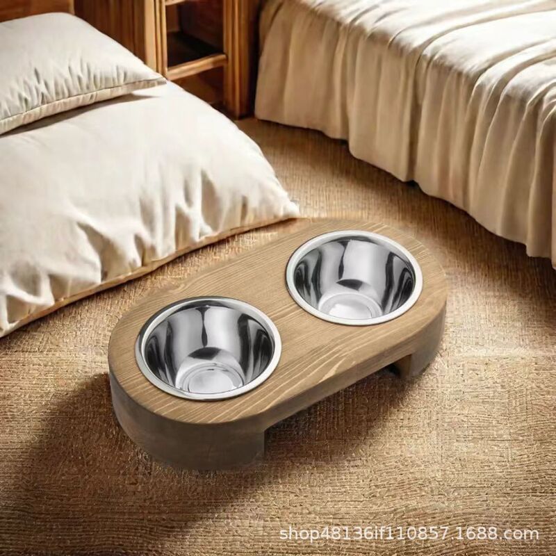 Cross-Border Elevated Cat Bowl with Tilted Stainless Steel Cat Food Bowl, Bamboo Stand, Anti-Vomiting Feeding Solution Suitable for Indoor Cats and Pets