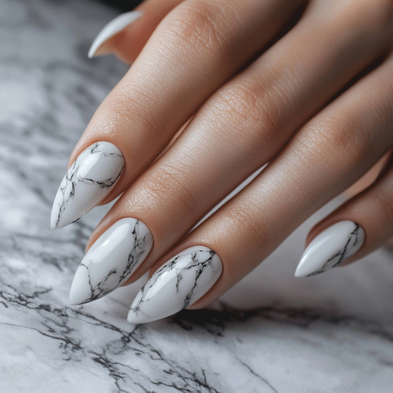 Wm-204 Marble Gray Fake Nails Almond Cross-Border Elegant Art Smudged 24 Pieces Wearable Nails Wholesale