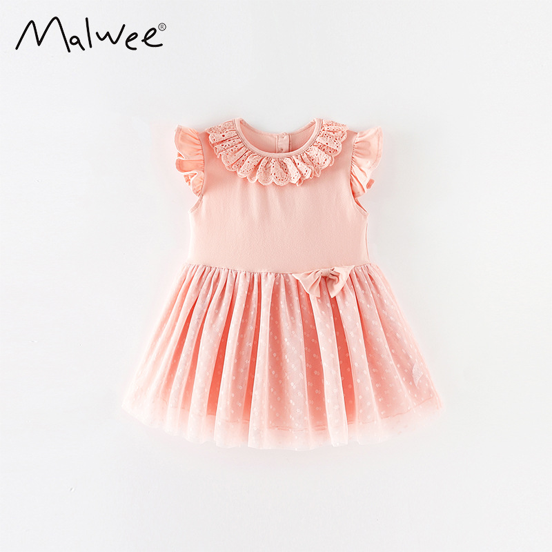 En stock malwee verano europeo y americano ropa para niños color sólido Niña de algodón manga corta princesa vestido niños
