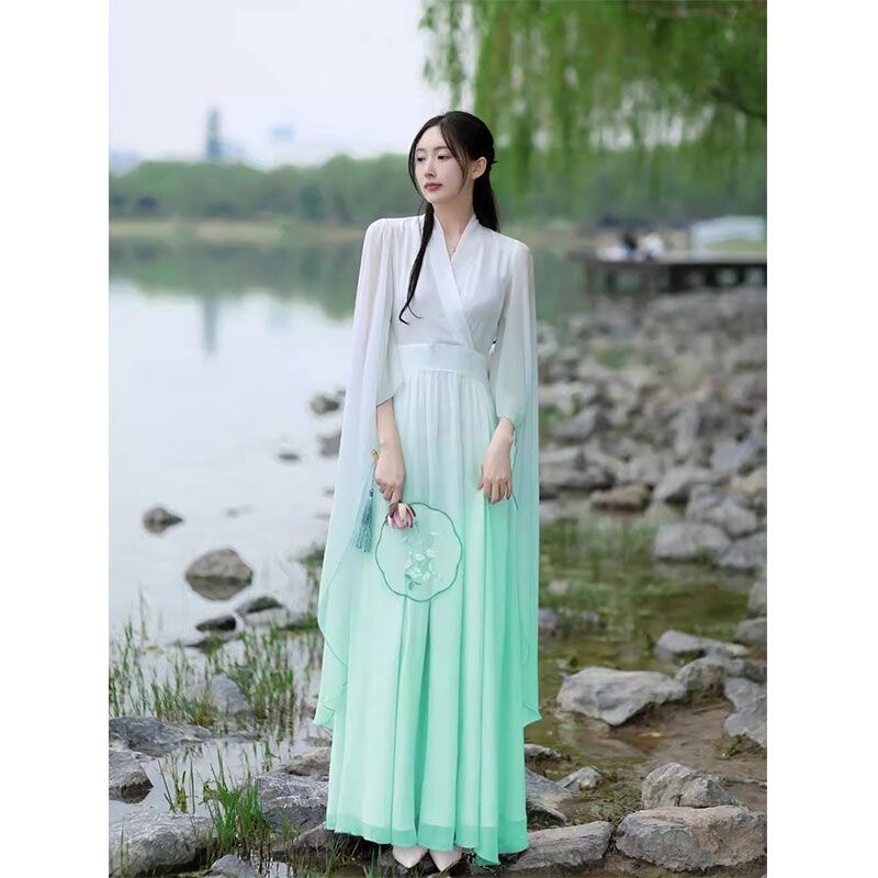 New Chinese-Style National Costume Dress, Tea Ceremony Attire, Ethereal Classical Dance Performance Outfit, Singing Bowl Healing Practitioner Clothing New Chinese-Style National Costume Dress, Tea Ceremony Attire, Ethereal Classical Dance Performance Outfit, Singing Bowl Healing Practitioner Clothing