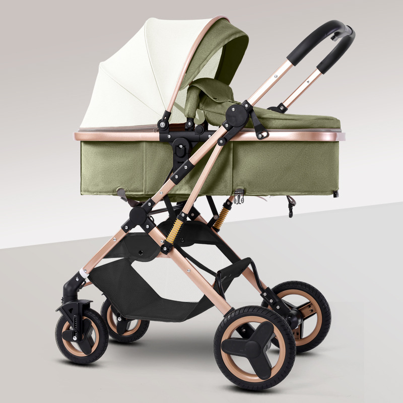 Coche de bebé se puede sentar y acostar en dos direcciones, 0 - 3 años de edad, ligero y plegable con un botón para bebés recién nacidos, cuatro ruedas antichoque