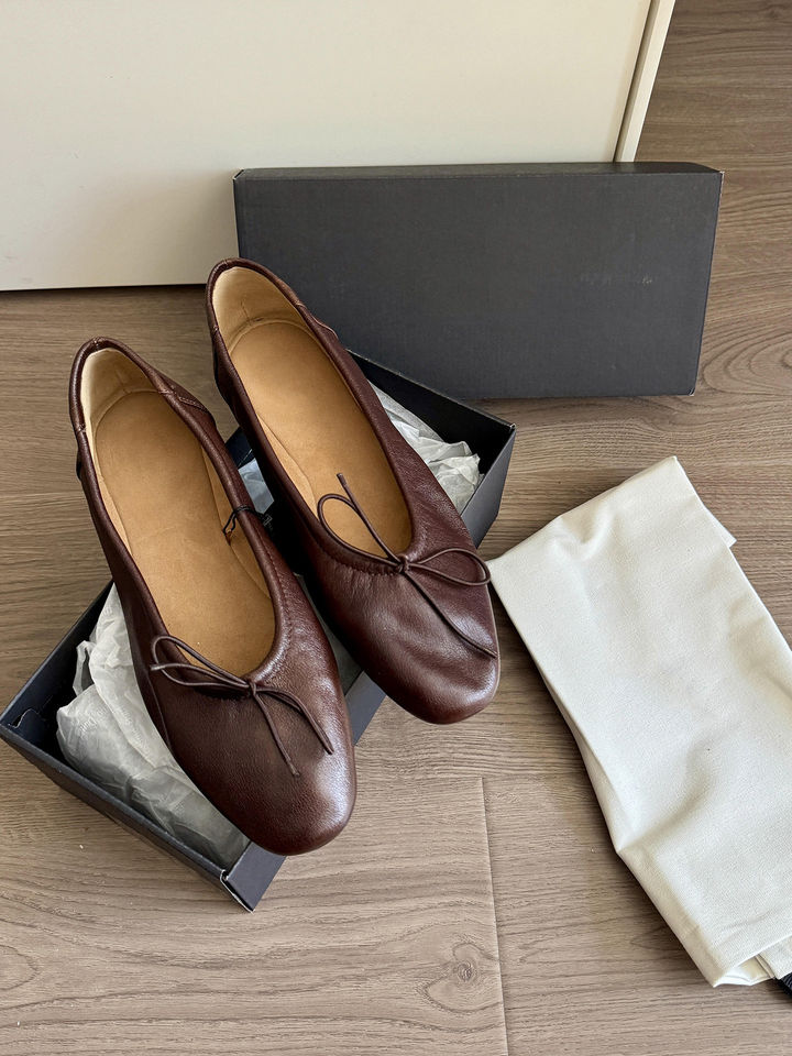 Giày búp bê nữ da bò đính nơ phong cách retro, đế bệt mũi tròn xỏ chân cổ thấp — Màu nâu (da) chi tiết 7