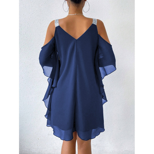 1688 Summer Women's Off-the-Shoulder Chiffon Solid Color V-Neck Elegant European and American Dress