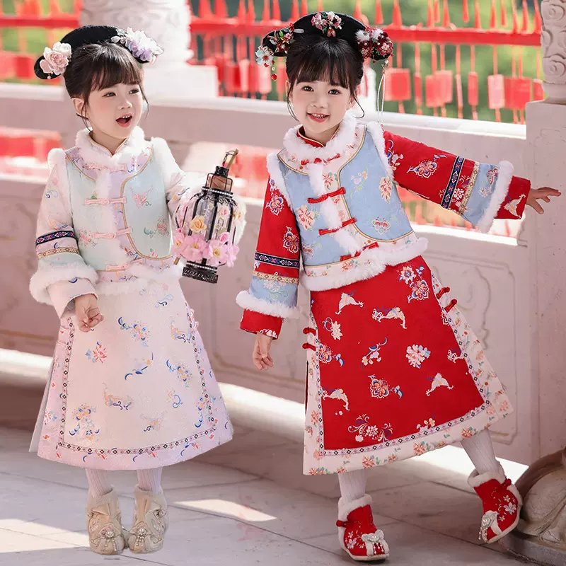 小女孩旗袍兄妹拜年服儿童格格服宫廷风2025女童汉服冬款加厚套装