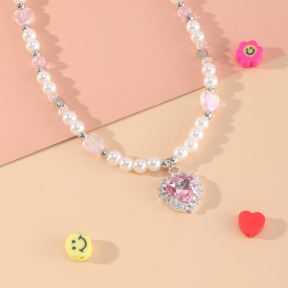 Fashion Pink Diamond Heart Pendant Star Pearl Beaded Clavicle Chain Necklace