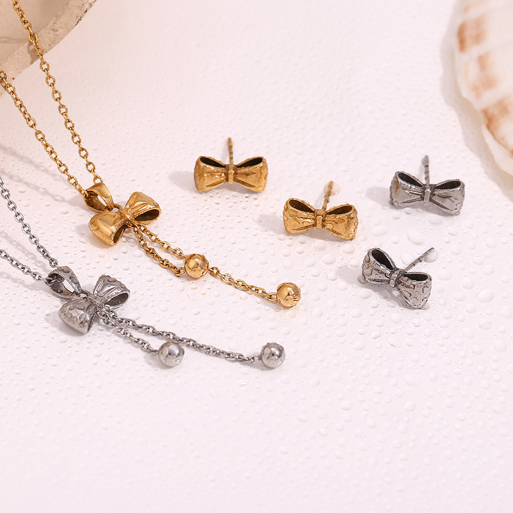 Stainless Steel Bow Knot Necklace Earrings Set