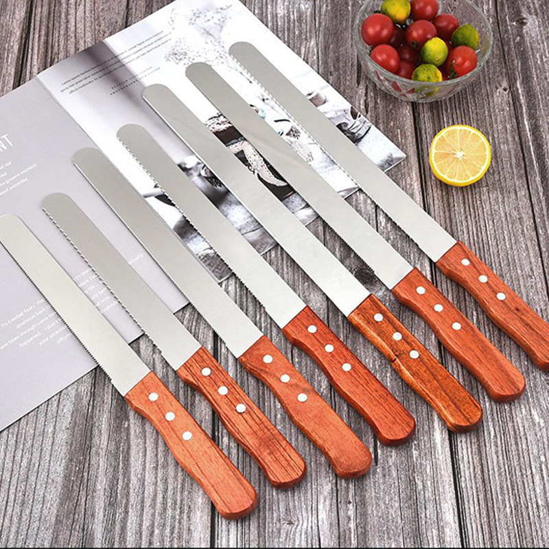 Cuchillo de pan de acero inoxidable con mango de madera al por mayor 8 pulgadas 10 pulgadas 12 pulgadas cortador de horneado dentado tostado espátula de pastel de crema