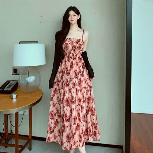 French coffee break dress, suspender dress, women's summer new style, fat MM waist, slimming, covering meat, rose floral long dress