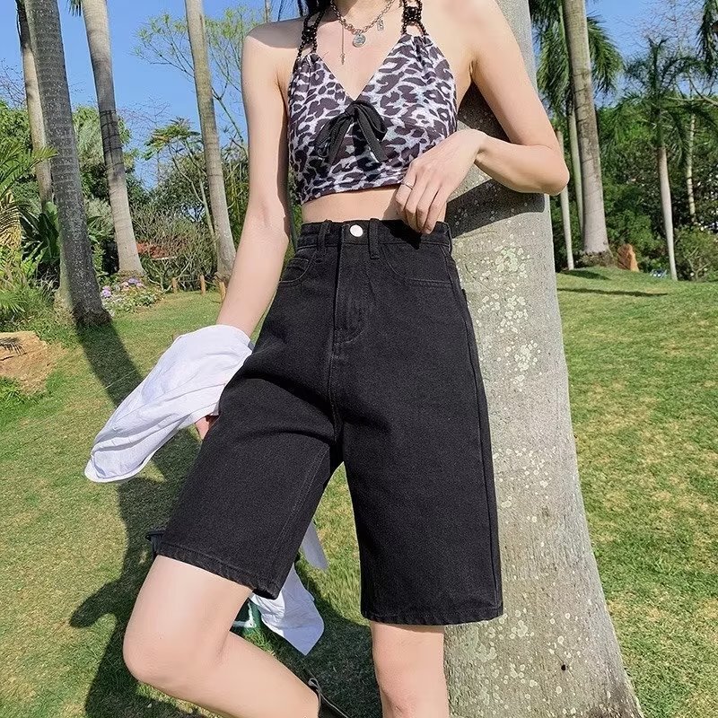 Five-point Pants Women's Summer Mid-length Pants Small Height-looking Shorts Knee Mid-length All-match Straight Wide-leg Denim Shorts