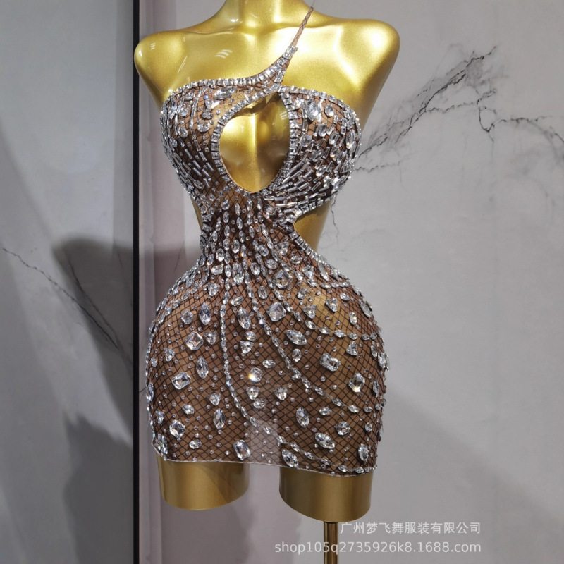 Sexy Latin One-Shoulder Luxury Rhinestone Backless Bodycon Cocktail Party Bar Band Female Singer Dress Sexy Latin One-Shoulder Luxury Rhinestone Backless Bodycon Cocktail Party Bar Band Female Singer Dress