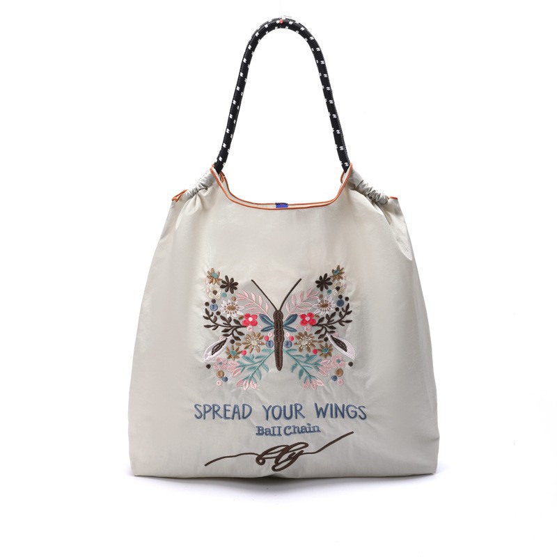 Bolsa de compras ecológica de cadena de bolas casera japonesa, bolsa de lona portátil bordada de tela de nailon, bolsa de compras de nailon