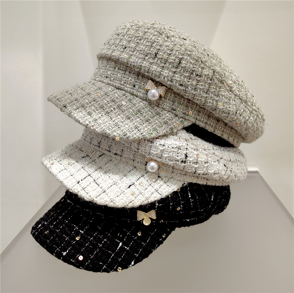 Femmes Élégant Rétro Plaid Strass Noeud Papillon Avant-toit Incurvé Chapeau Militaire display picture 2