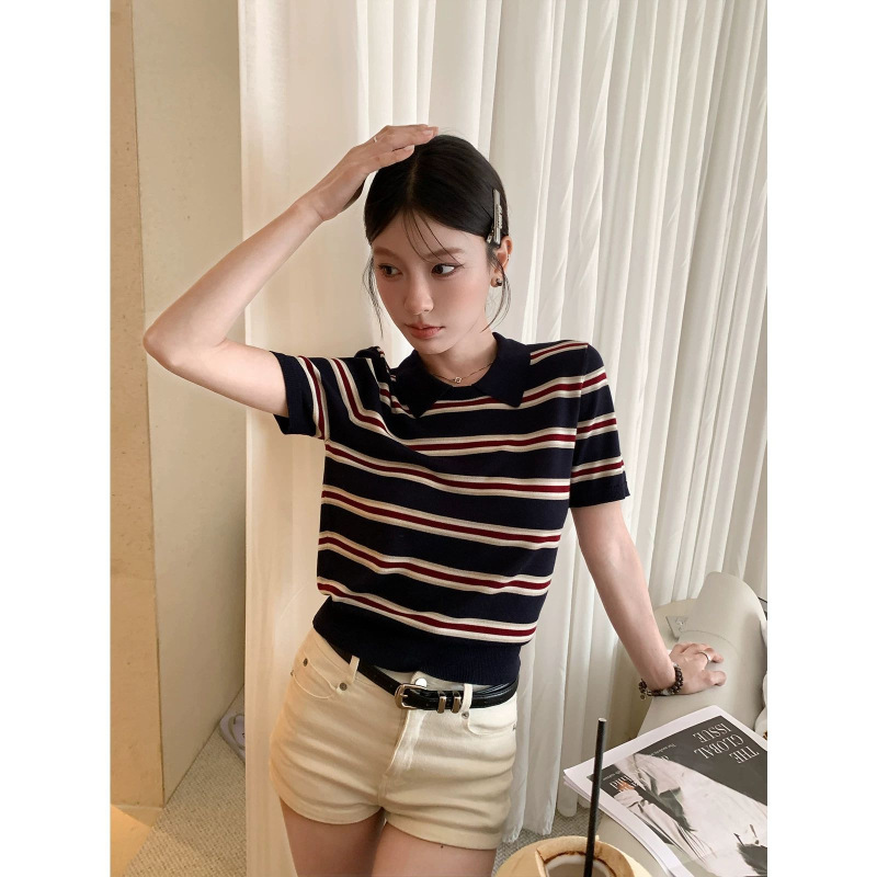 Cool and silky Korean-style summer striped knit shirt with a turn-down collar, casual Japanese-style versatile slim-fit top for women Cool and silky Korean-style summer striped knit shirt with a turn-down collar, casual Japanese-style versatile slim-fit top for women
