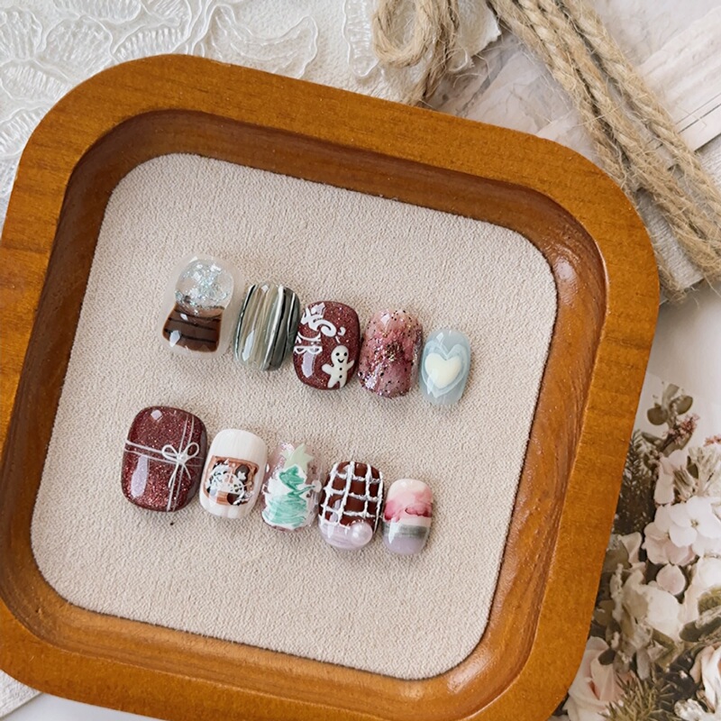 Wearable Nails Wholesale Japanese High-End Christmas Tree Plaid Handmade Manicure Finished Nail Patches Removable
