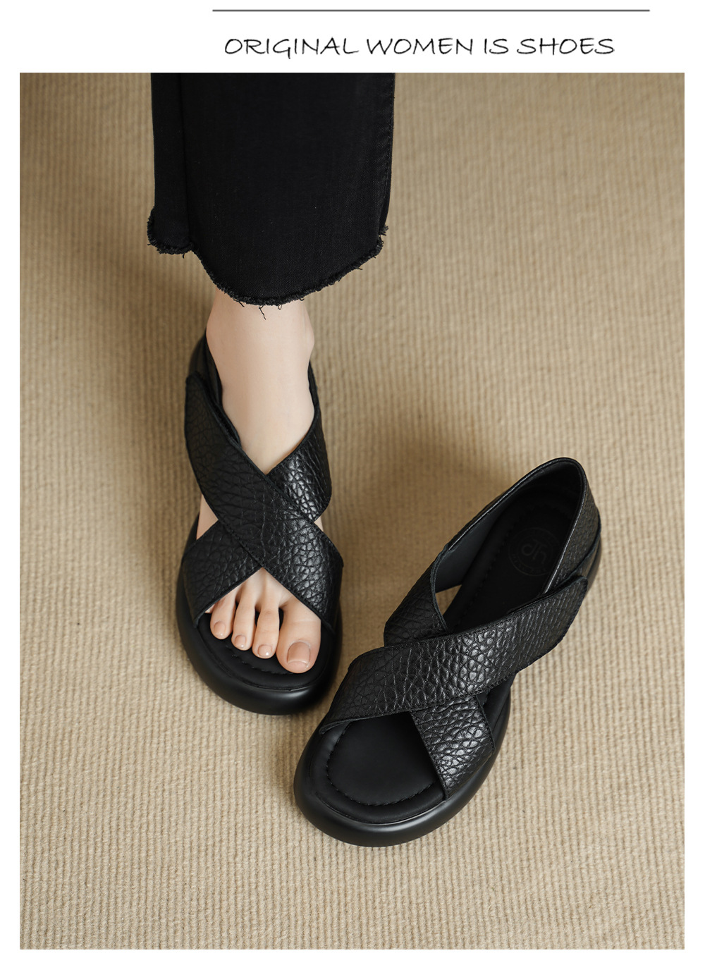 Sandal nữ hở mũi đế dày 4 cm da cừu quai ngang khóa — đen chi tiết 5