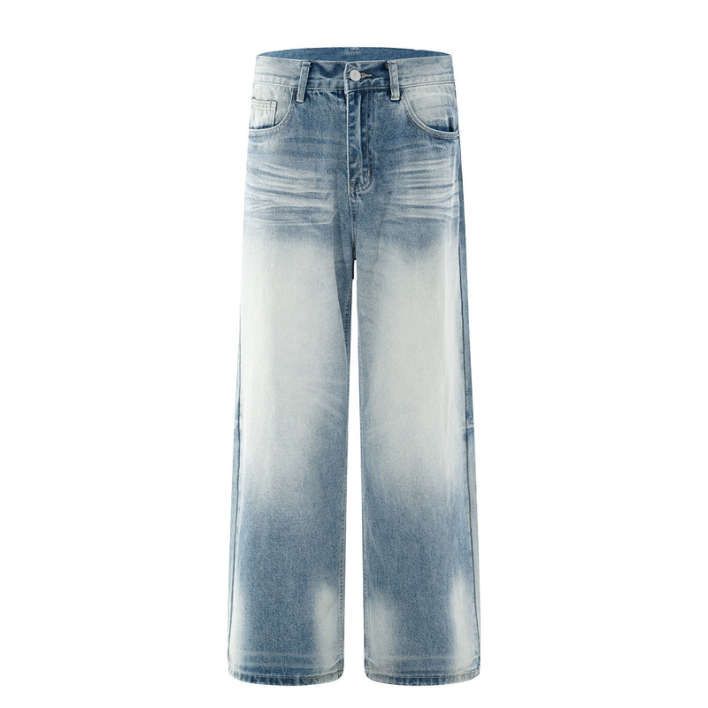 American High Street Washed Light Blue Wide-Leg Jeans Unisex Cleanfit Loose Straight Long Pants