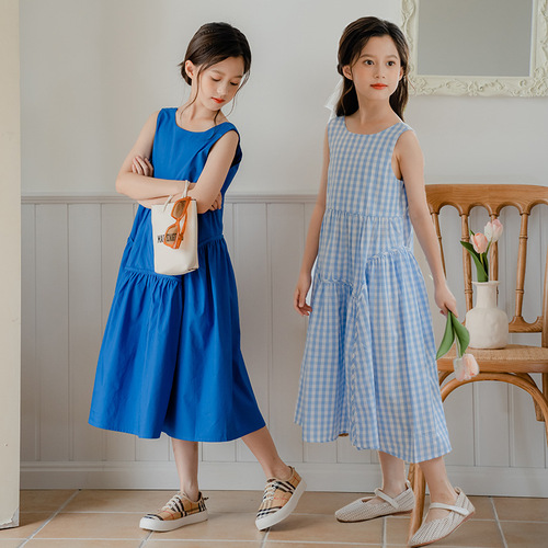 Girls 2024 New Princess Dress Korean Style Girls Dress Fashionable Girl Sleeveless Long Large Swing Cake Dress