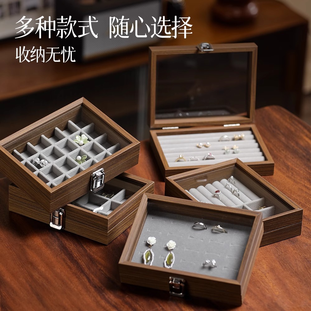 Multifunctional Jewelry Storage Box Small Portable Earrings Ring Necklace Walnut Solid Wood Pattern Storage Box with Lid