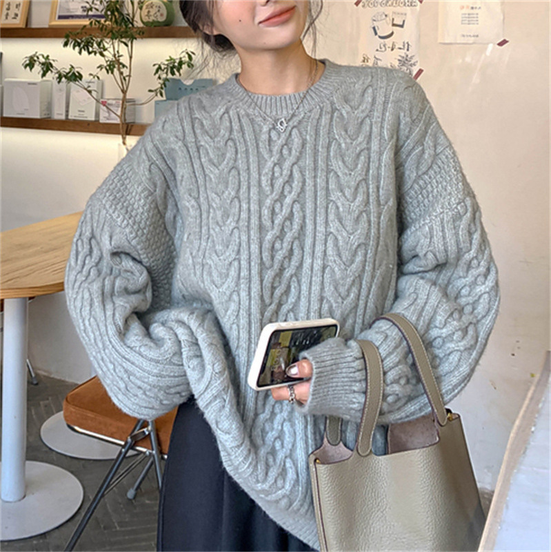 韓系優しい風麻花編みセーター女性2023秋冬厚手のモチモチニット女性のゆるい上着|undefined