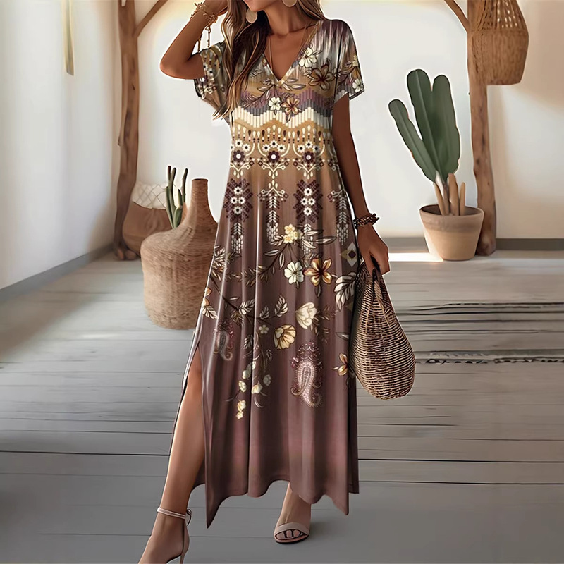 Summer Maxi Dress Casual V Neck Long Sleeve Bohemian Peacock Print Floral Long Dress