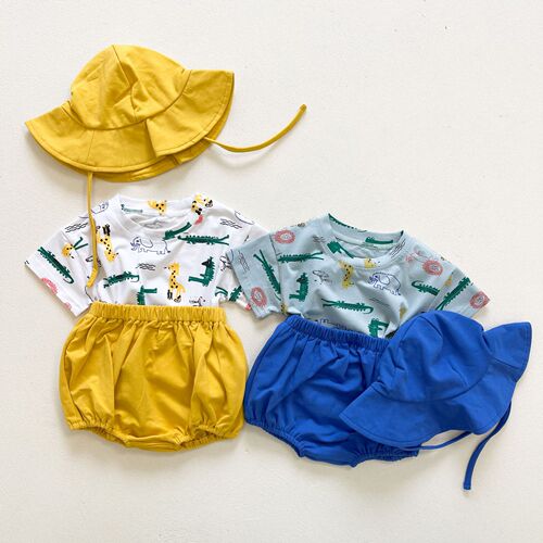 0-3 years old baby set with hat  summer Korean version animal print baby and children short-sleeved triangle shorts set