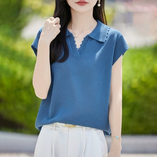 法式镂空花边POLO领小飞袖T恤女宽松洋气高级感针织翻领小众上衣t