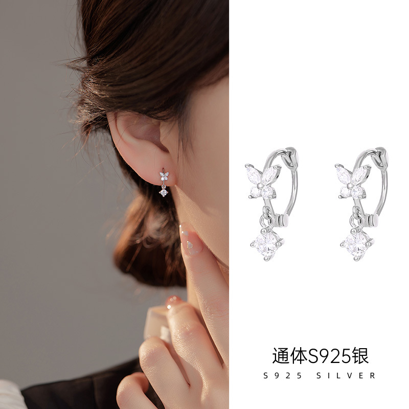 925純銀閃鑽蝴蝶耳扣女韓版簡約時尚甜美小清新百搭氣質耳圈耳環