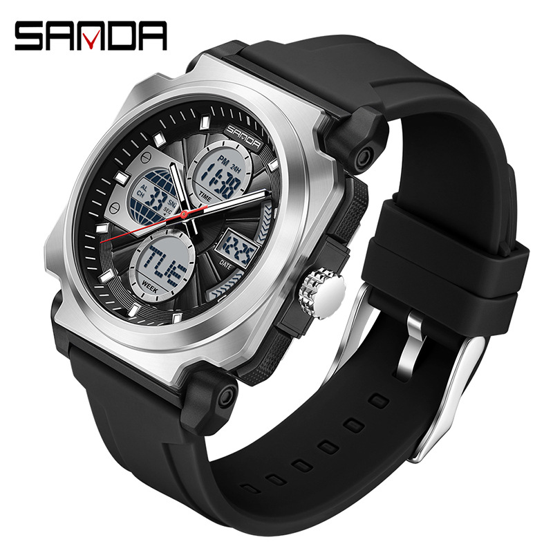 Sanda SANDA nuevo reloj electrónico multifunción doble pantalla impermeable reloj deportivo al aire libre reloj despertador luminoso 3377