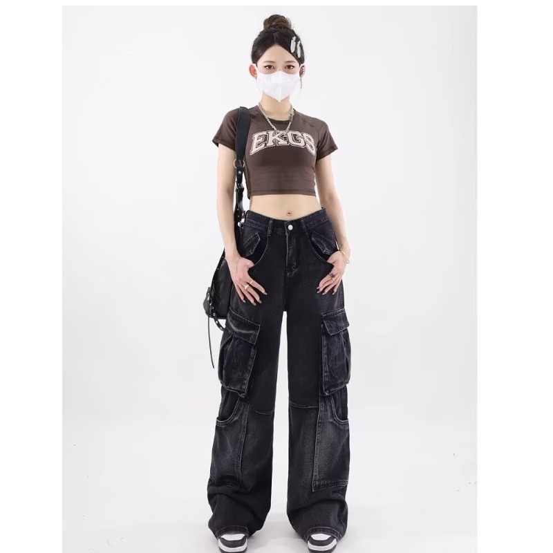 Diseño de estilo americano de la calle alta, pantalones jeans de primavera y otoño, pantalones de cintura alta retrógrados, pantalones de piernas anchas sueltos