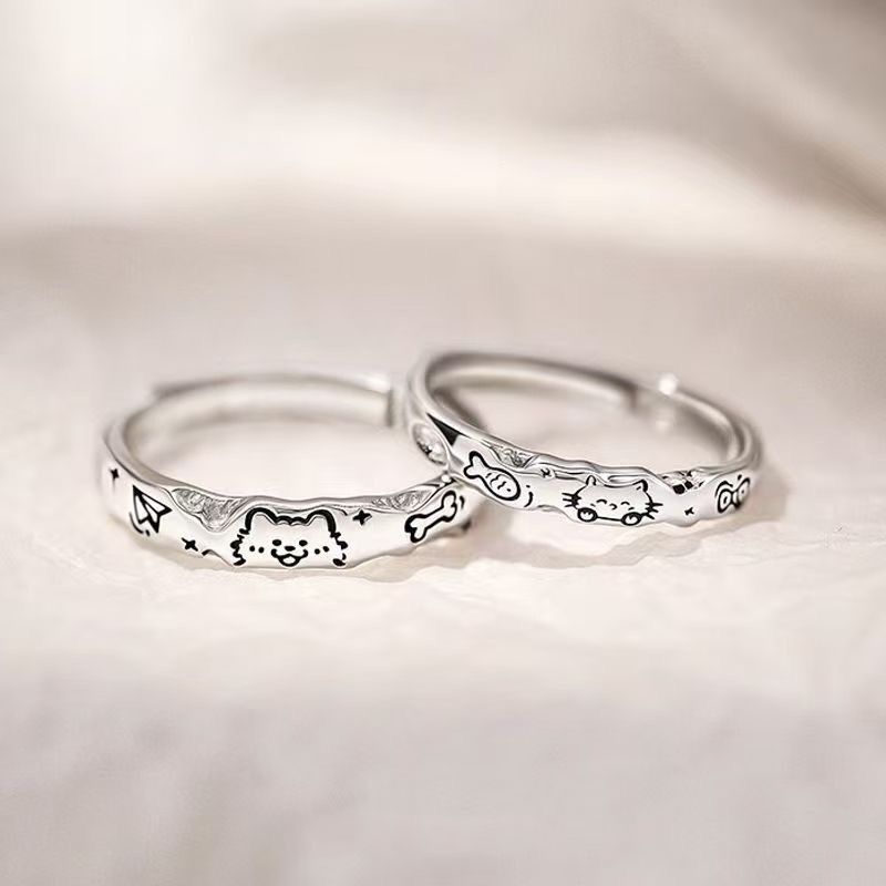New graffiti cat and puppy couple rings, sterling silver rings, niche design, high-end open rings, creative accessories