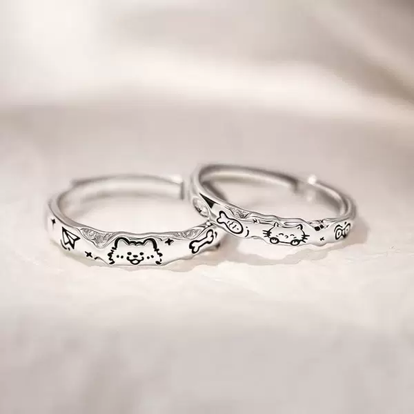 New graffiti cat and puppy couple rings, sterling silver rings, niche design, high-end open rings, creative accessories