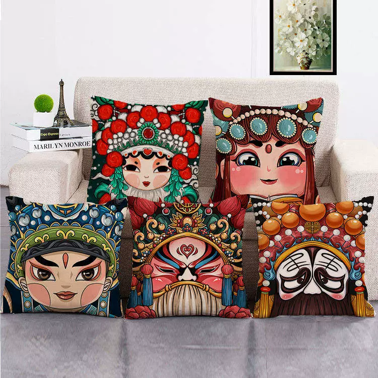 新款卡通京剧脸谱亚麻抱枕套汽车沙发靠垫腰枕抱枕广告logo