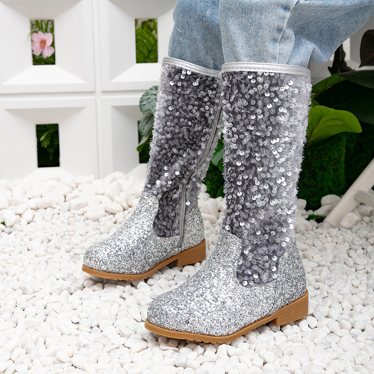 Kids' shoes autumn and winter new girls sequined princess boots little girls plus velvet warm long boots children's soft bottom high boots_voghion.com